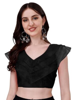 Pujia Mills Women's V Neck Orgenza Three Layer Ruffle Sleeve Frill Readymade Saree Blouse