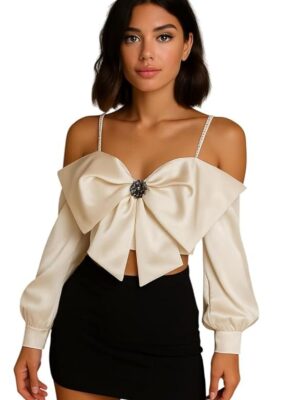 MYSTIFY®Elegant Satin Bow Crop Top with Crystal Brooch, Long Sleeve, Stylish Top for Women