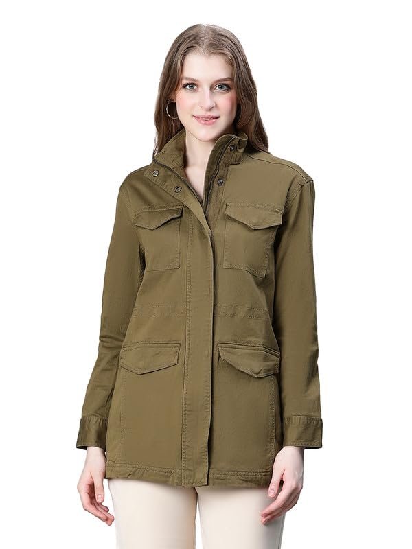 oxolloxo Women Collared Snap Buttoned Long Sleeve Cotton Jacket