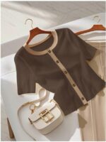 Women's Ribbed Button-Front Top, Short Sleeve, Classic Fit, Available in White, Navy, Brown,Black