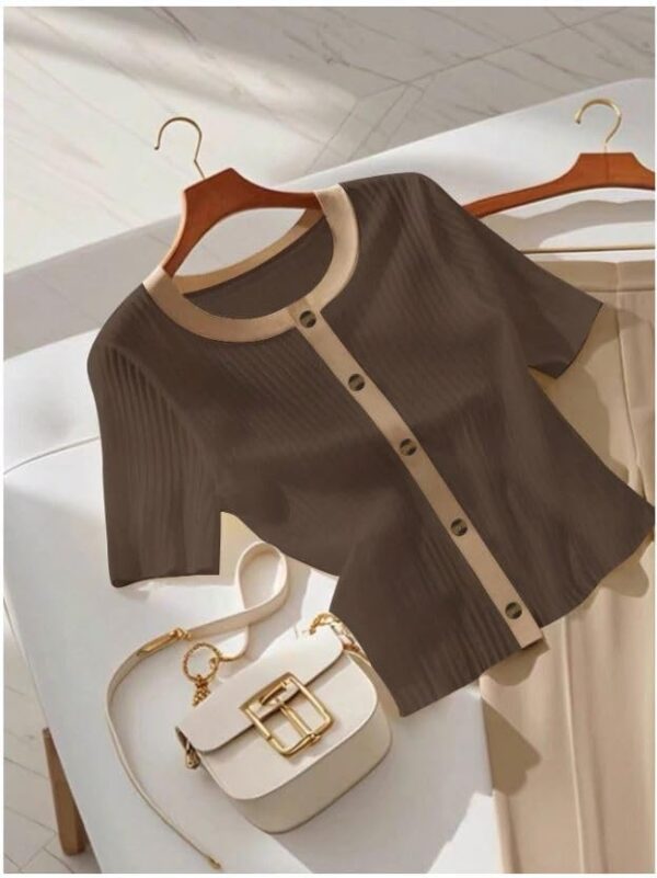 Women's Ribbed Button-Front Top, Short Sleeve, Classic Fit, Available in White, Navy, Brown,Black