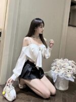 MYSTIFY®Elegant Satin Bow Crop Top with Crystal Brooch, Long Sleeve, Stylish Top for Women