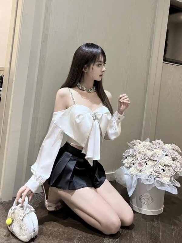 MYSTIFY®Elegant Satin Bow Crop Top with Crystal Brooch, Long Sleeve, Stylish Top for Women