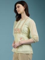 ALL YOURS Women's Chiffon Dobby Floral Embroidered Round Neck Puff Sleeve Top A-line Top| Tops for Women Embroidery Tops for Women