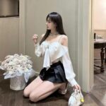 MYSTIFY®Elegant Satin Bow Crop Top with Crystal Brooch, Long Sleeve, Stylish Top for Women