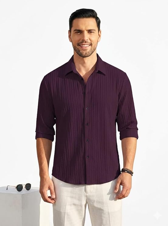 DEELMO Men's Casual Button Down Shirts Long Sleeve Linen Shirt Fashion Textured Beach Summer Shirt