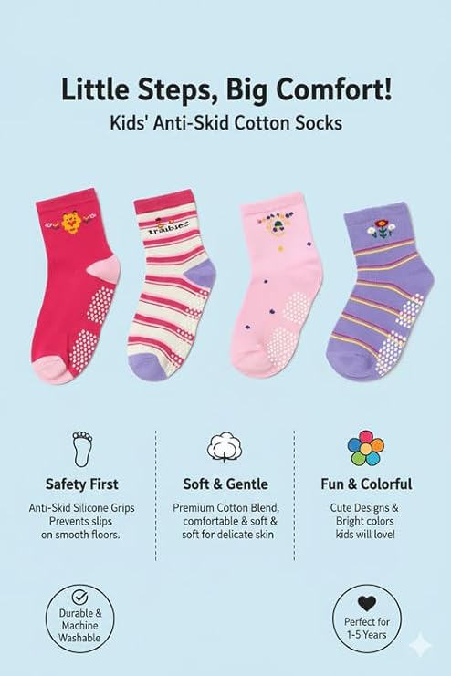 Khillayox Anti-Slip Cotton Ankle Socks for Baby & Kids - Perfect for Walking/Playing Set of 5