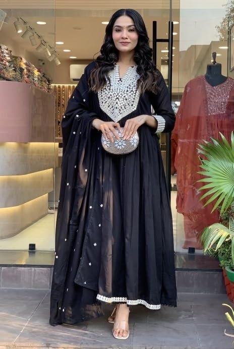 Naixa Women's Silk Chiffon Embroidered A-Line Kurta with Rayon Pant and Silk Chiffon Laced Dupatta Sets (Available in Plus Size) (NX-661)