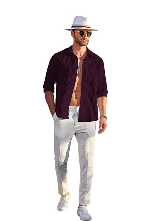 DEELMO Men's Casual Button Down Shirts Long Sleeve Linen Shirt Fashion Textured Beach Summer Shirt