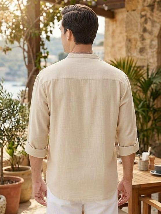 DEELMO Men's Cotton Blend Mandarin Collar Self One Design Full Sleeve Casual Short Kurta
