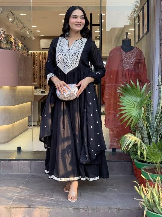 Naixa Women's Silk Chiffon Embroidered A-Line Kurta with Rayon Pant and Silk Chiffon Laced Dupatta Sets (Available in Plus Size) (NX-661)