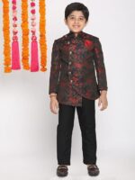 JBN Creation Boys' Full Sleeve Silk Blend Kurta Pyjama Set with Mandarin Collar, Featuring Ethnic Motifs, Self-Design, and Embellishments - Perfect for Festivals and Special Occasions