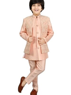 AHHAAAA Kids Ethnic Silk Blend Waistcoat Kurta Pyjama Sherwani Set For Boys