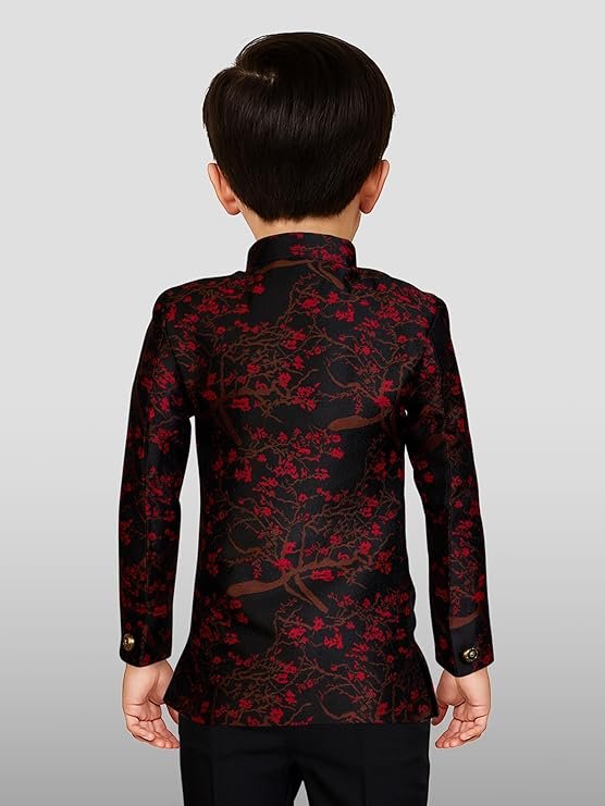 JBN Creation Boys' Full Sleeve Silk Blend Kurta Pyjama Set with Mandarin Collar, Featuring Ethnic Motifs, Self-Design, and Embellishments - Perfect for Festivals and Special Occasions