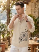 DEELMO Men's Cotton Blend Mandarin Collar Self One Design Full Sleeve Casual Short Kurta