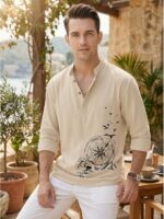 DEELMO Men's Cotton Blend Mandarin Collar Self One Design Full Sleeve Casual Short Kurta