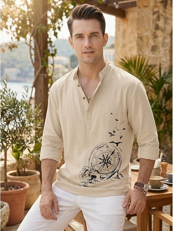 DEELMO Men's Cotton Blend Mandarin Collar Self One Design Full Sleeve Casual Short Kurta