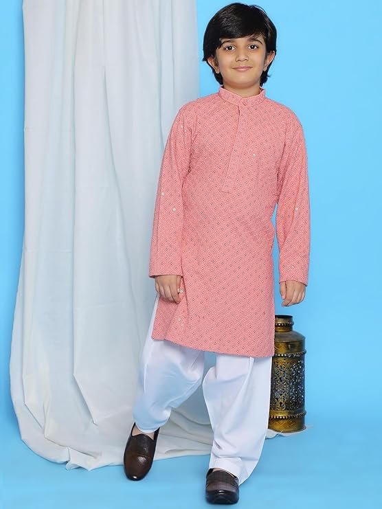 AJ DEZINES Boys Ethnic Kurta Pajama Set | Cotton Full Sleeve Chikankari Kurta with Sequins
