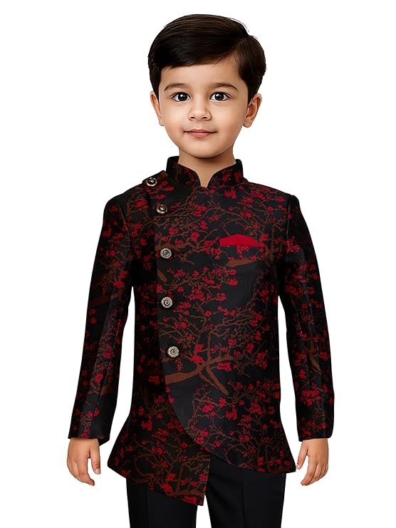 JBN Creation Boys' Full Sleeve Silk Blend Kurta Pyjama Set with Mandarin Collar, Featuring Ethnic Motifs, Self-Design, and Embellishments - Perfect for Festivals and Special Occasions