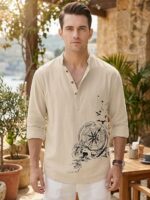 DEELMO Men's Cotton Blend Mandarin Collar Self One Design Full Sleeve Casual Short Kurta