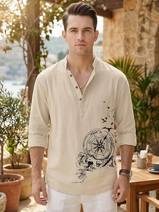 DEELMO Men's Cotton Blend Mandarin Collar Self One Design Full Sleeve Casual Short Kurta