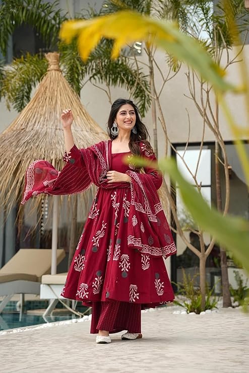 ANNI DESIGNER | Rayon Anarkali Printed Kurta Pant Dupatta Set