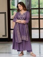 Amazon Brand - Myx Women's Embroidered Anarkali Kurta Pant Set with Organza Dupatta